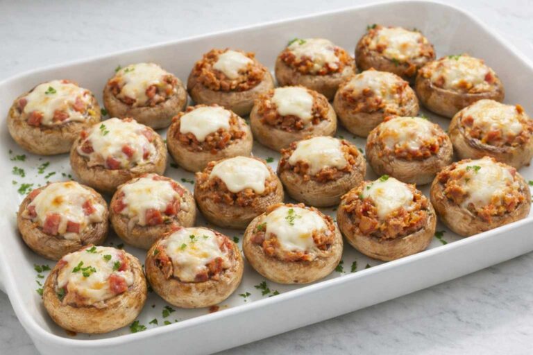 Bandeja blanca con una variedad de champiñones rellenos caseros, gratinados con queso y decorados con perejil fresco.