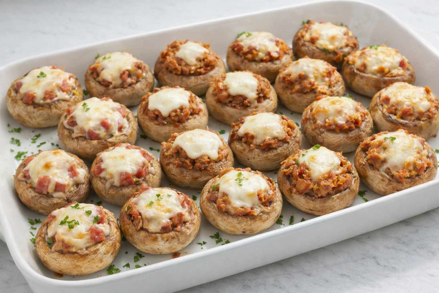 Bandeja blanca con una variedad de champiñones rellenos caseros, gratinados con queso y decorados con perejil fresco.