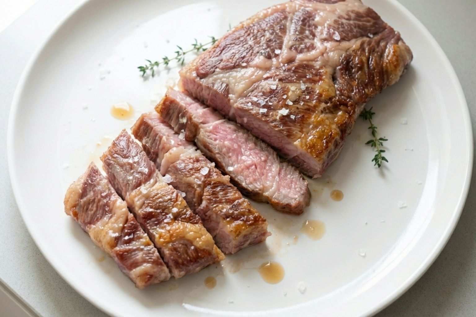 Secreto ibérico a la plancha cortado contra la fibra mostrando interior jugoso