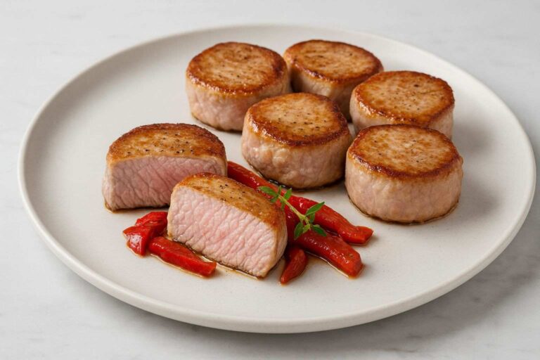 Medallón de solomillo de cerdo a la plancha cortado mostrando interior rosado y jugoso con pimientos