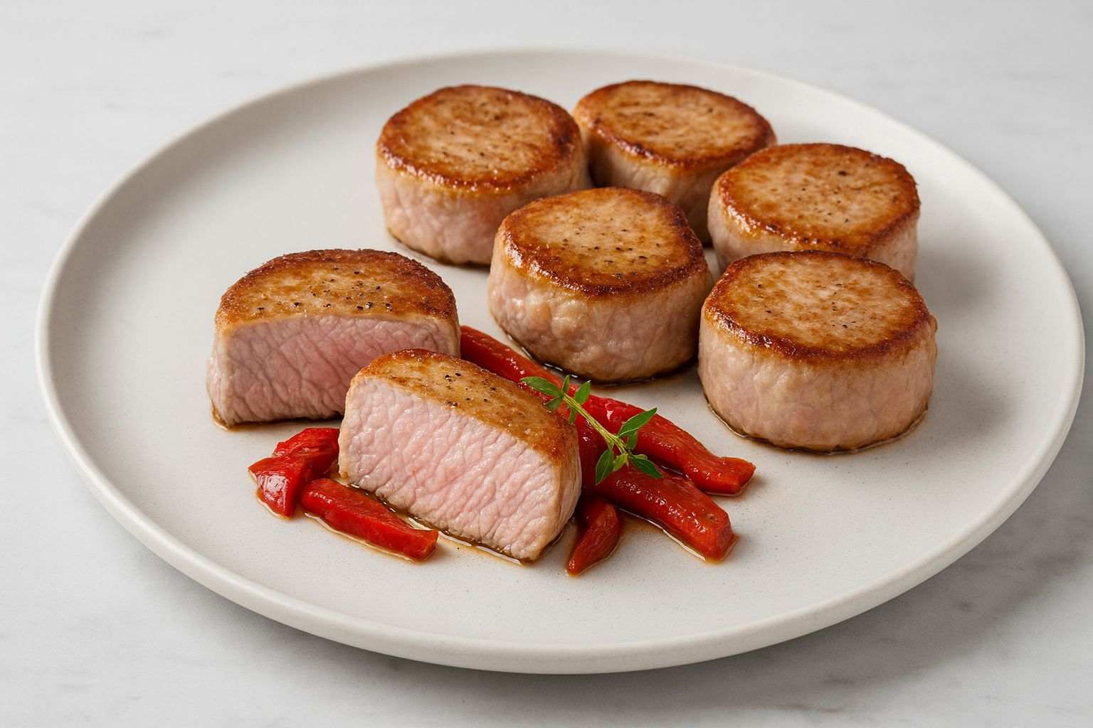 Medallón de solomillo de cerdo a la plancha cortado mostrando interior rosado y jugoso con pimientos