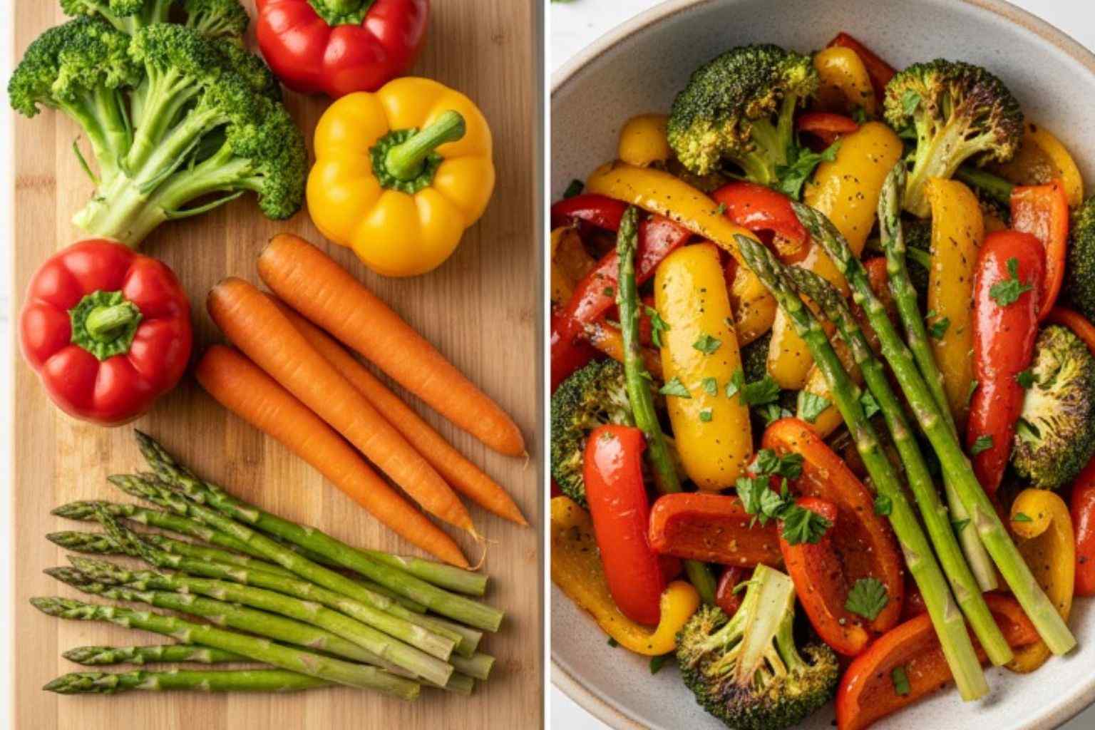 Composición mostrando verduras frescas crudas y su resultado final tras ser cocinadas en freidora de aire: un plato de verduras asadas, doradas y crujientes.