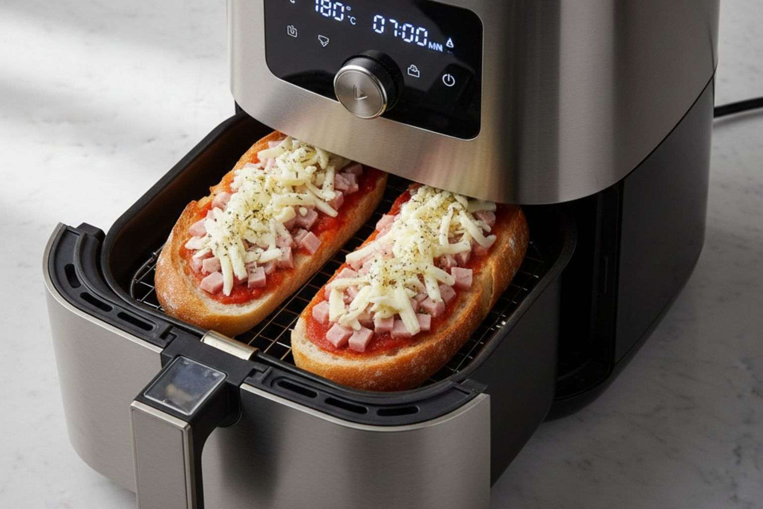 Cocinando panini en freidora de aire Panini casero cocinĂĄndose dentro de la cesta de una freidora de aire.