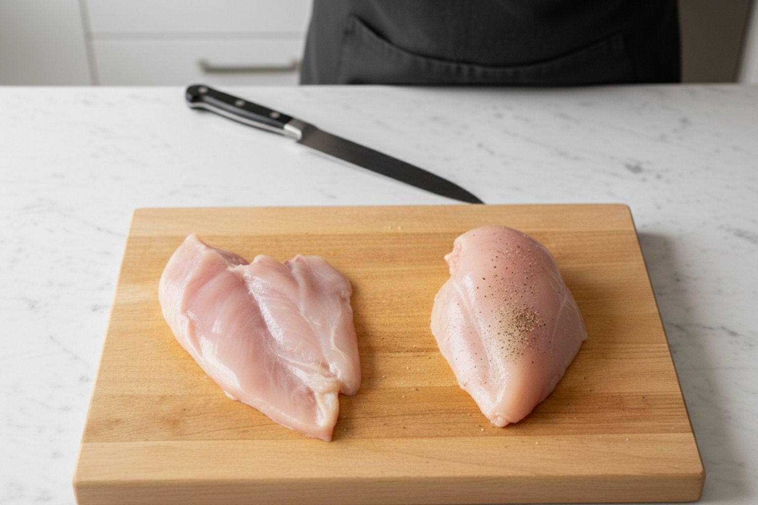 Técnica del corte mariposa para Cordon Bleu Pechuga de pollo abierta en corte mariposa sobre una tabla.