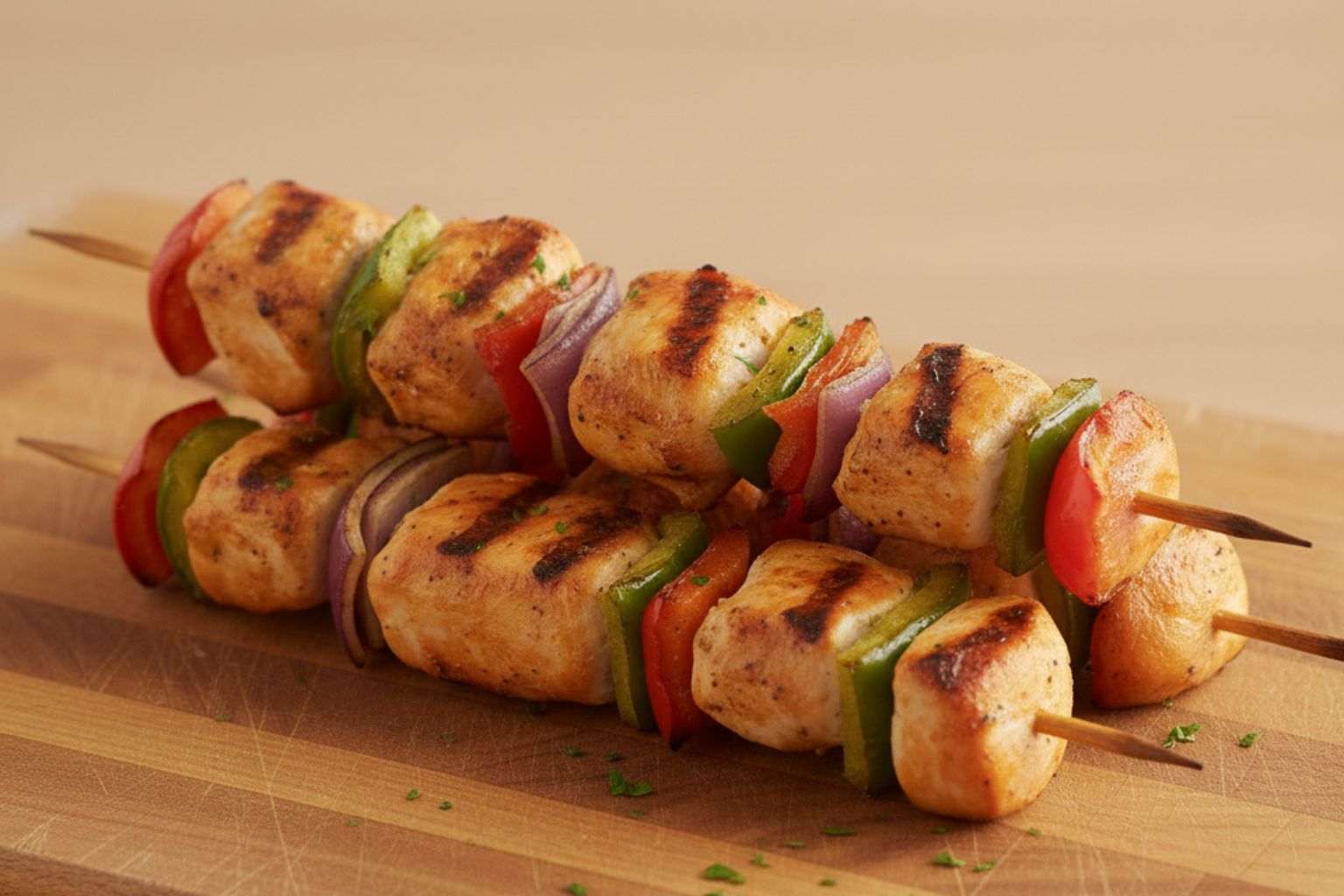 Primer plano de varias brochetas de pollo y verduras jugosas, con marcas de parrilla, servidas sobre una tabla de madera.