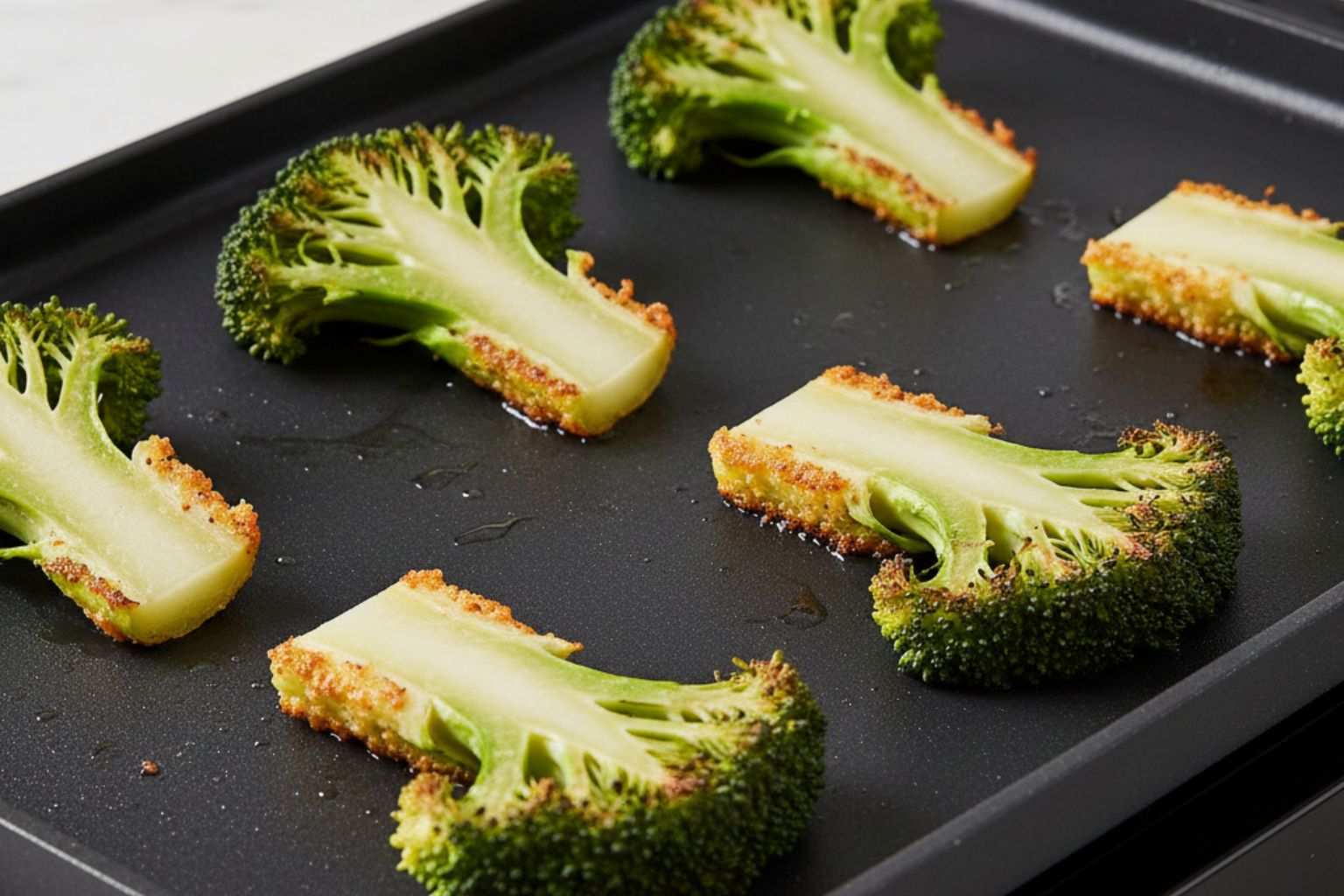 Técnica para dorar el brócoli a la plancha Filetes de brócoli con una cara plana dorándose en la plancha, mostrando una costra tostada.