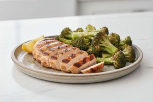 Plato saludable con pechuga de pollo a la plancha y brĂłcoli crujiente hecho en freidora de aire como guarniciĂłn