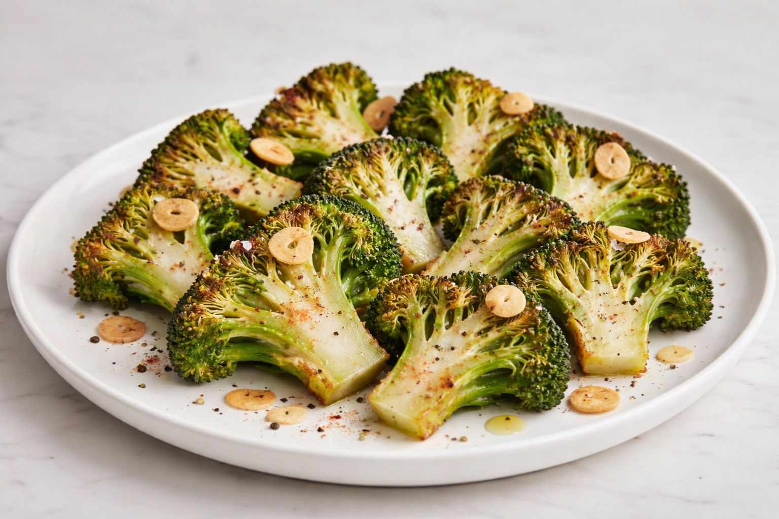 Resultado final del brócoli a la plancha Plato final de brócoli a la plancha con ajo y pimentón.