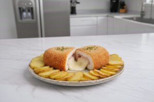 Plato de Cordon Bleu de pollo casero cortado por la mitad, mostrando el queso fundido, acompañado de patatas panadera