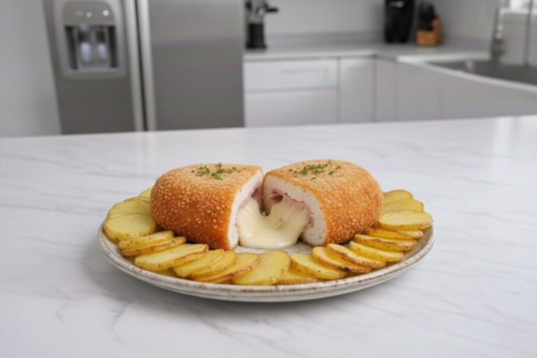 Plato de Cordon Bleu de pollo casero cortado por la mitad, mostrando el queso fundido, acompañado de patatas panadera