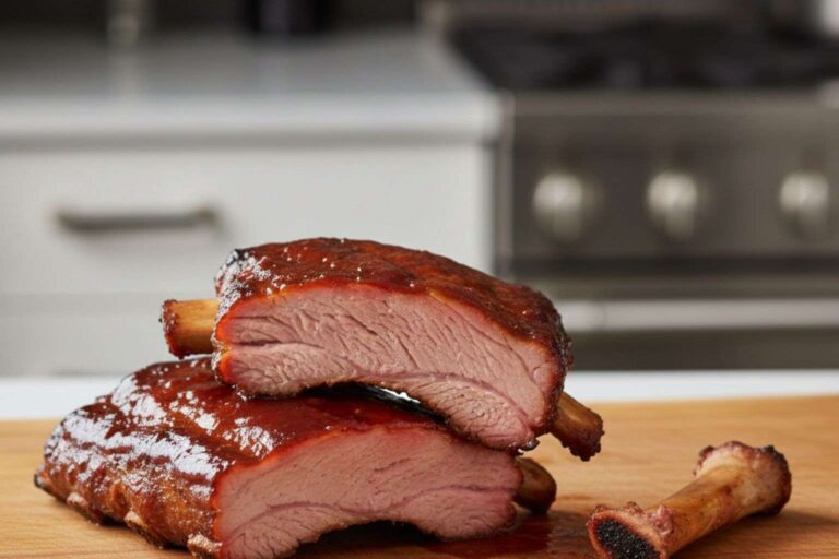 Primer plano de unas costillas de cerdo cocinadas a baja temperatura, mostrando un interior jugoso y un hueso limpio que evidencia su terneza.