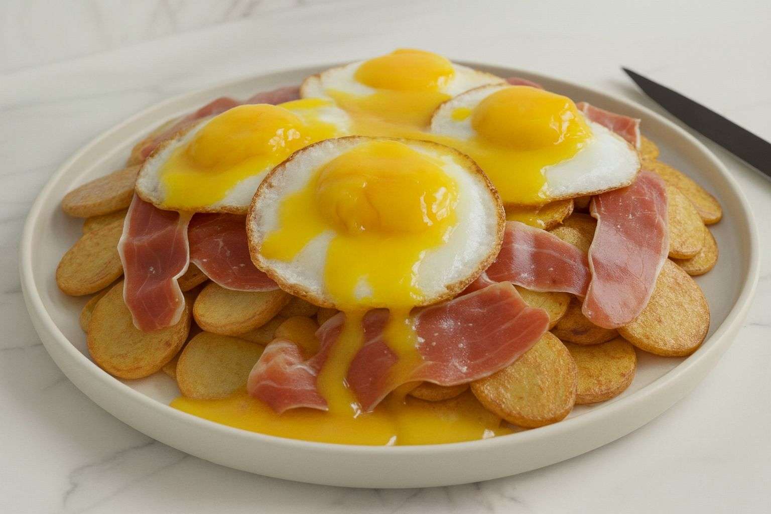Plato de huevos rotos con patatas panaderas fritas y jamón, con la yema líquida derramándose sobre el plato.