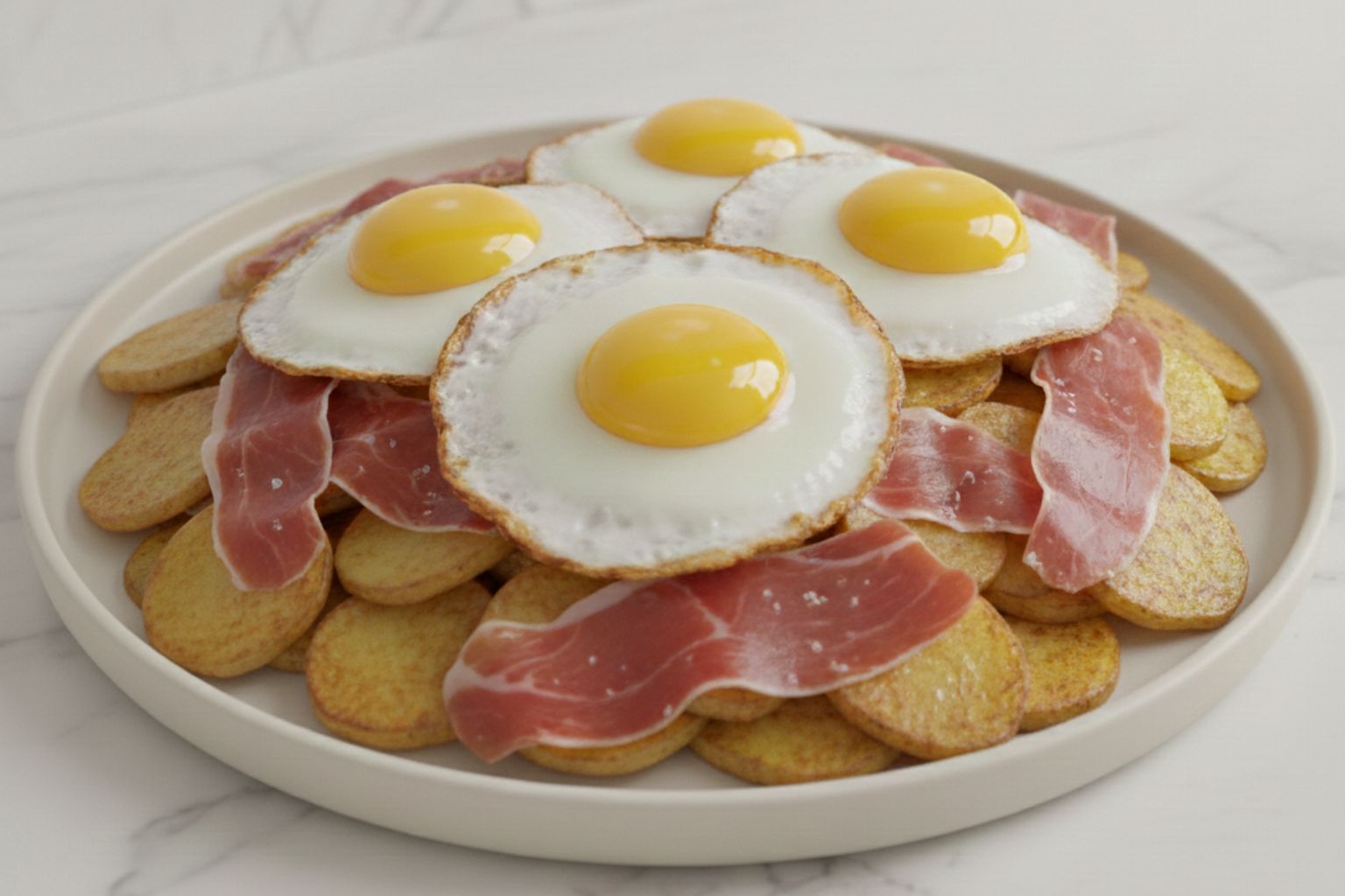 Plato de huevos rotos con patatas y jamón Plato final de huevos rotos con patatas, jamón pasado vuelta y vuelta y los huevos enteros listos para romper.