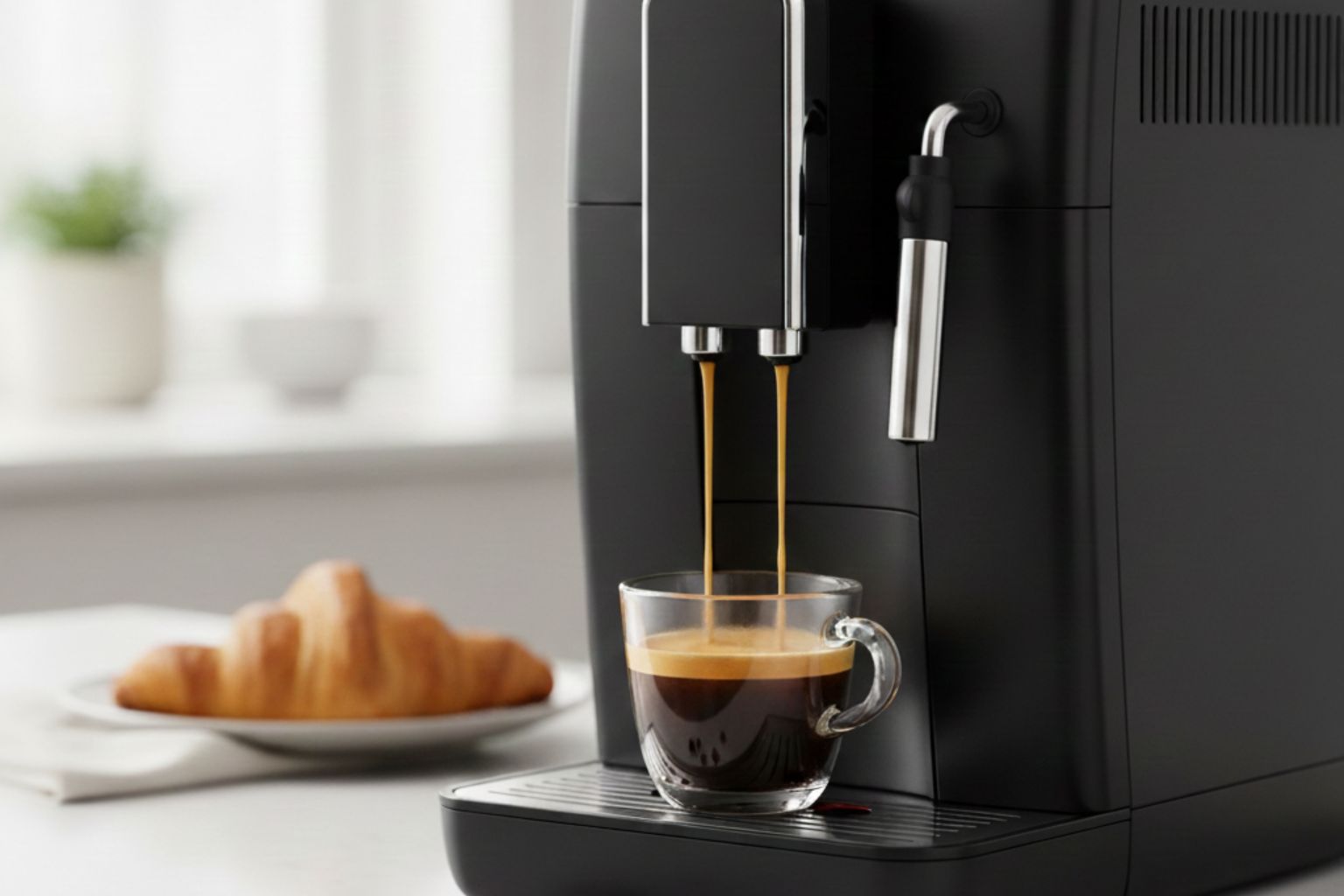 Cafetera Superautomática preparando un espresso cremoso con granos de café recién molidos, representando el café de calidad en casa.