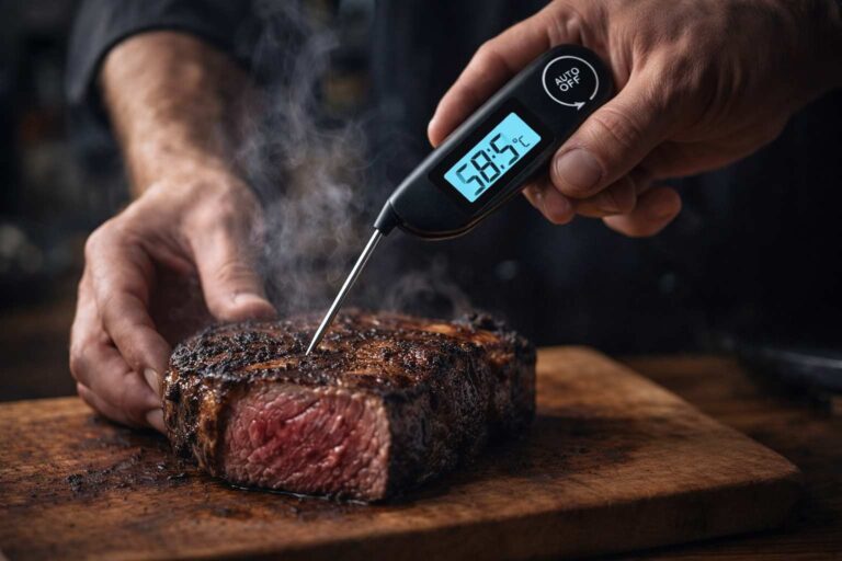 Cocinero usando un termómetro de cocina digital para verificar el punto perfecto de un chuletón, mostrando el interior rosado y jugoso.