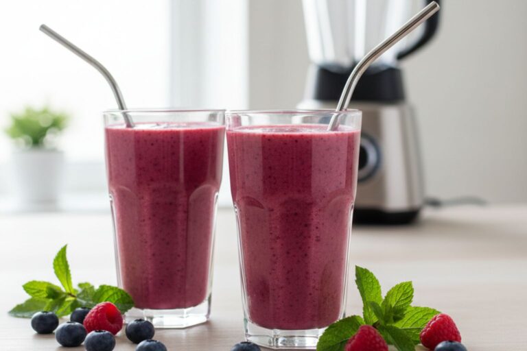 Dos vasos de smoothie de frutos rojos cremoso, recién hechos con una de las mejores batidoras de vaso para un desayuno saludable.