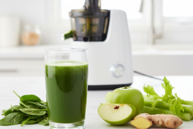 Vaso de zumo verde vibrante recién hecho, con frutas y verduras frescas y una de las mejores licuadoras de prensado en frío en segundo plano, sobre una encimera de marmol blanco.