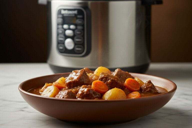 Bodegón de cocina con un guiso de carne y verduras servido en un plato rústico, junto a una de las mejores ollas a presión de acero inoxidable