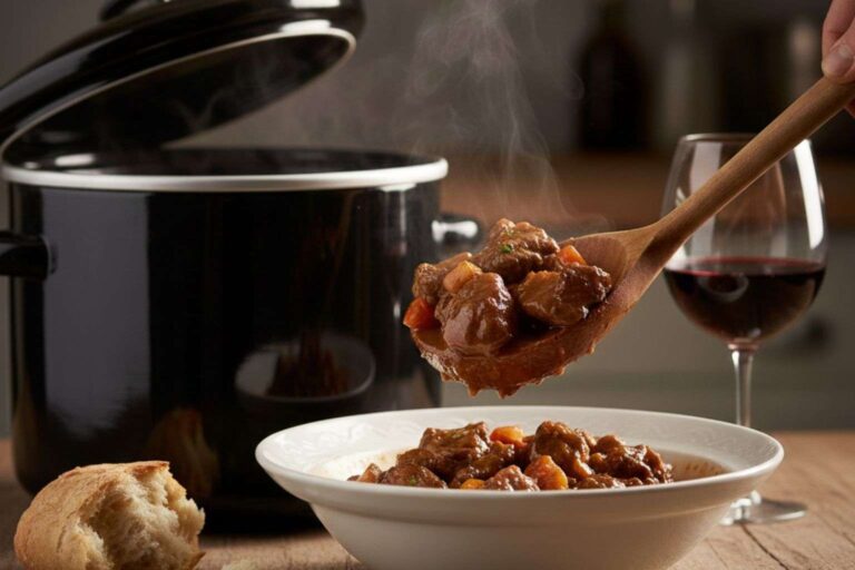 Sirviendo un guiso de carne tierno y jugoso desde una olla de cocción lenta, demostrando el resultado de la cocina a fuego lento.