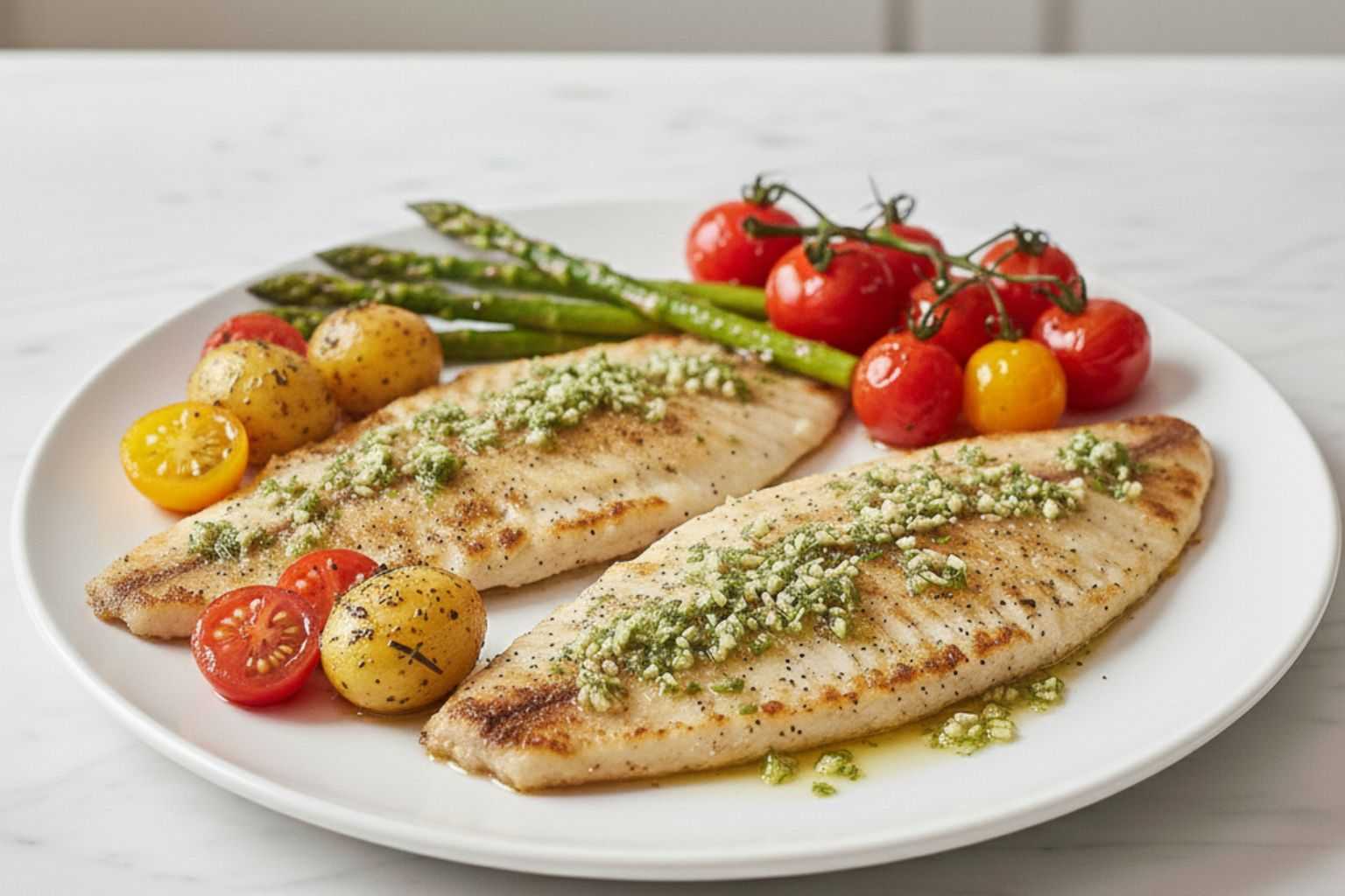 Plato de merluza a la plancha jugosa servida con espárragos trigueros y tomates cherry.