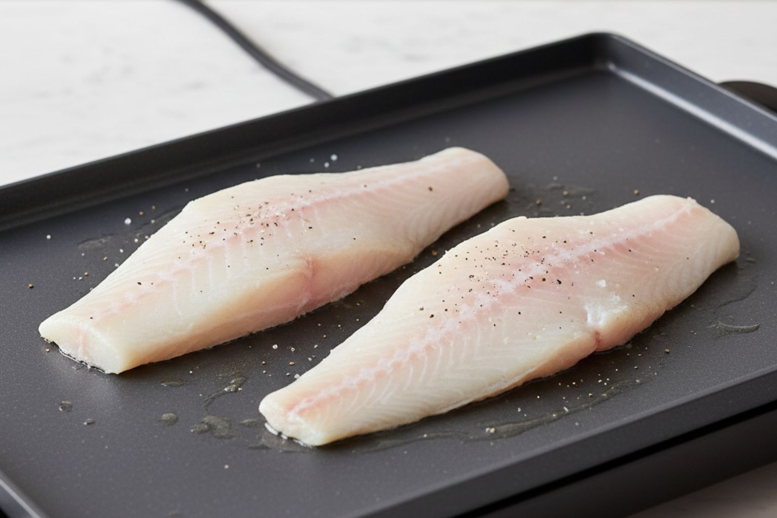 Cocinando la merluza en la plancha Lomos de merluza cocinándose en la plancha caliente.