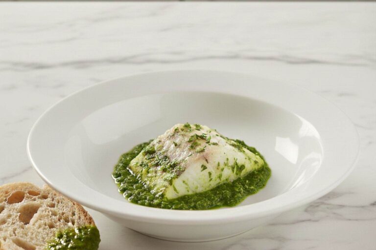 Plato final de merluza en salsa verde espesa y brillante, decorado con perejil fresco y acompañado de una rebanada de pan para mojar.