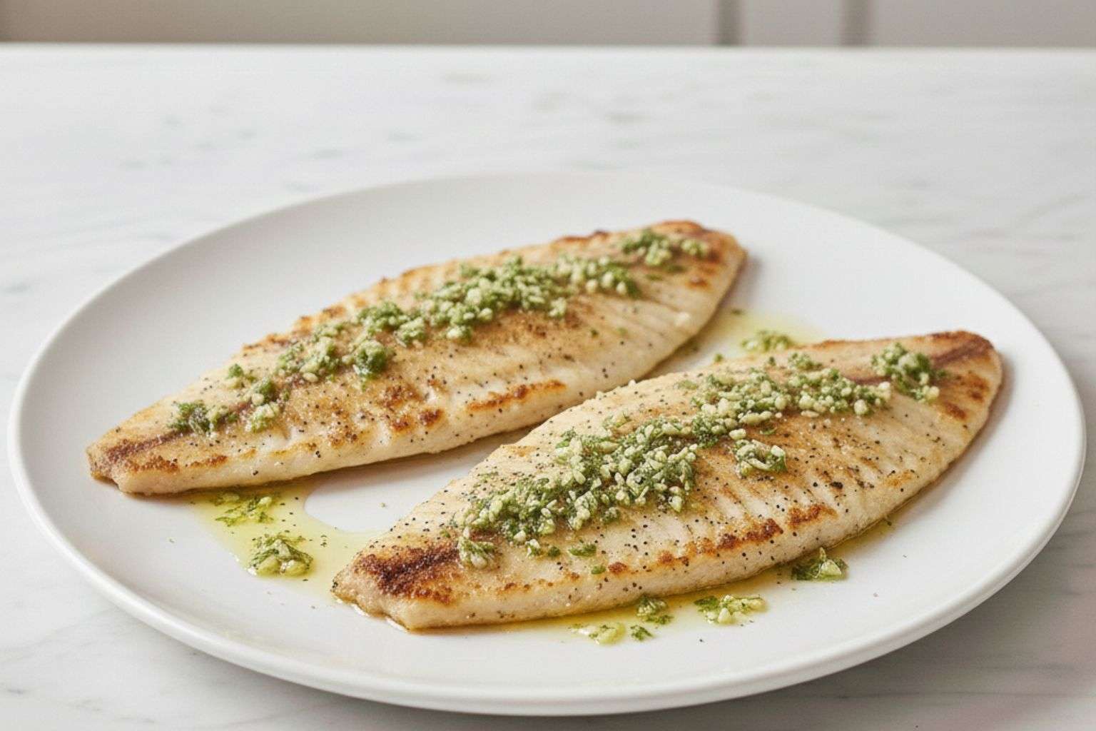 Merluza a la plancha en su punto justo Plato con dos lomos de merluza a la plancha recién hechos, con costra dorada y aliño de ajo y perejil.