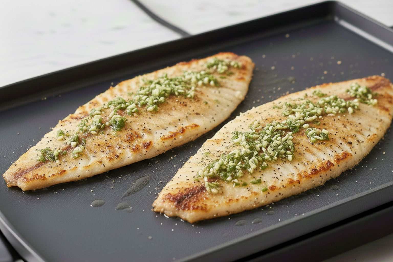 El aliño perfecto de la merluza lomos de merluza con la vuelta dada y con el aliño por encima.