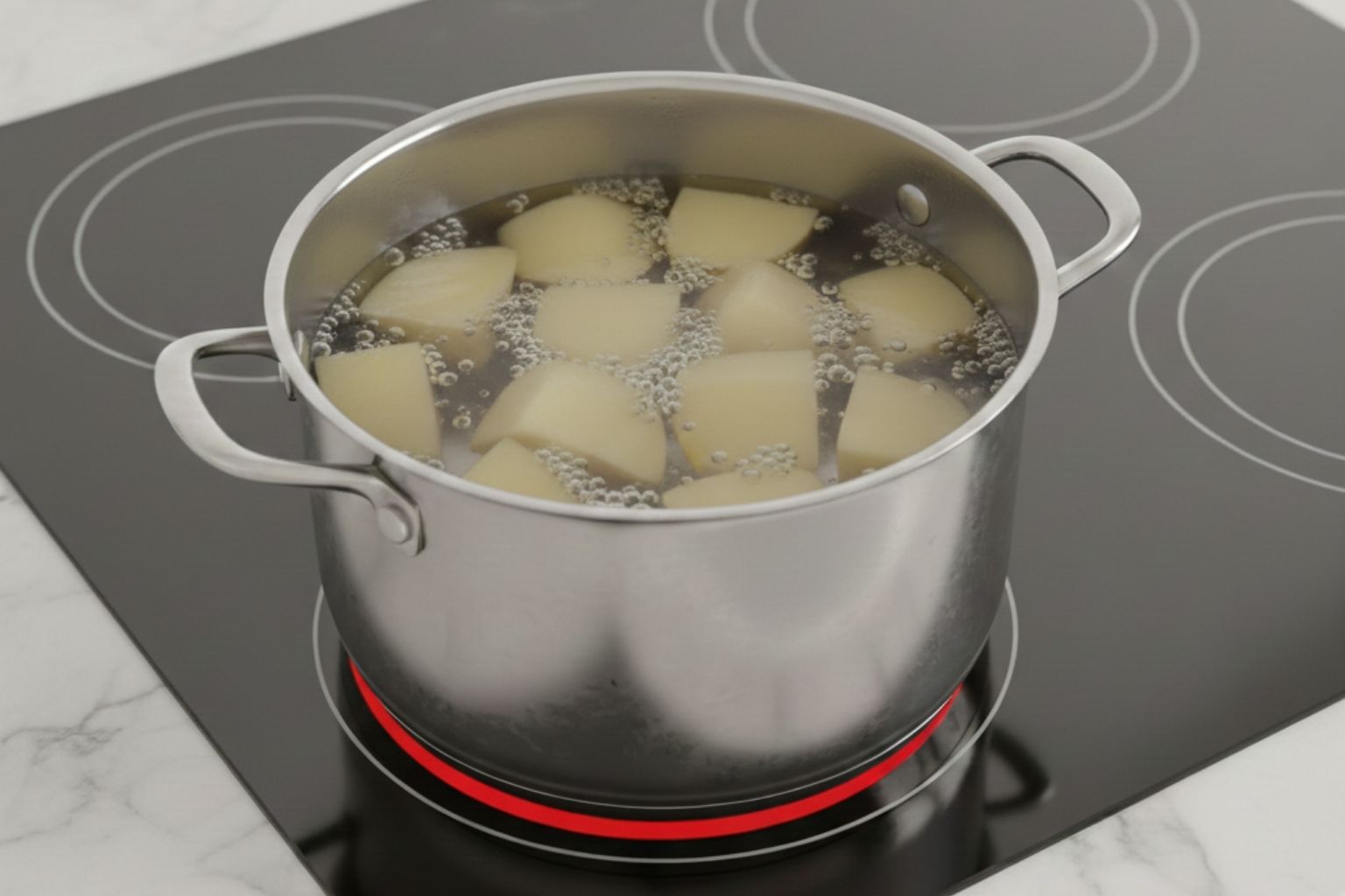 Cocción de las patatas para el puré Patatas peladas y cortadas en trozos grandes y uniformes, cociéndose en una olla con agua.