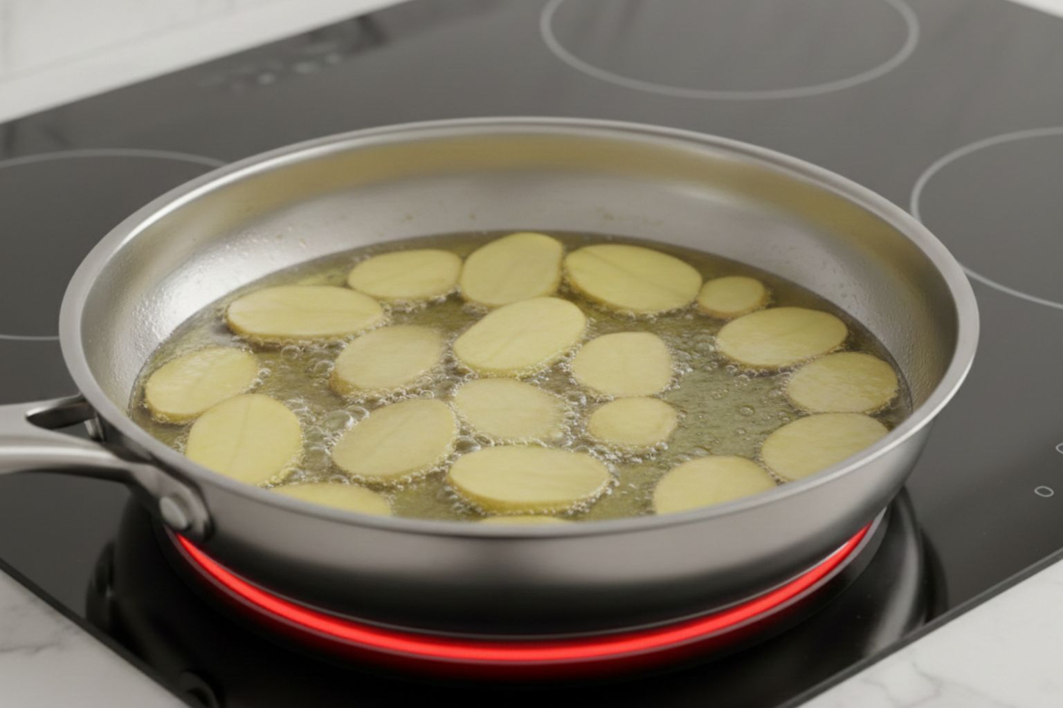 Fritura de patatas para huevos rotos Patatas estilo panaderas friéndose en una sartén con abundante aceite de oliva.