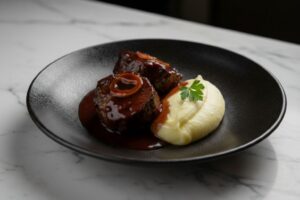 Plato de carrilleras de ternera en salsa servido con una guarnición de puré de patatas casero y cremoso.