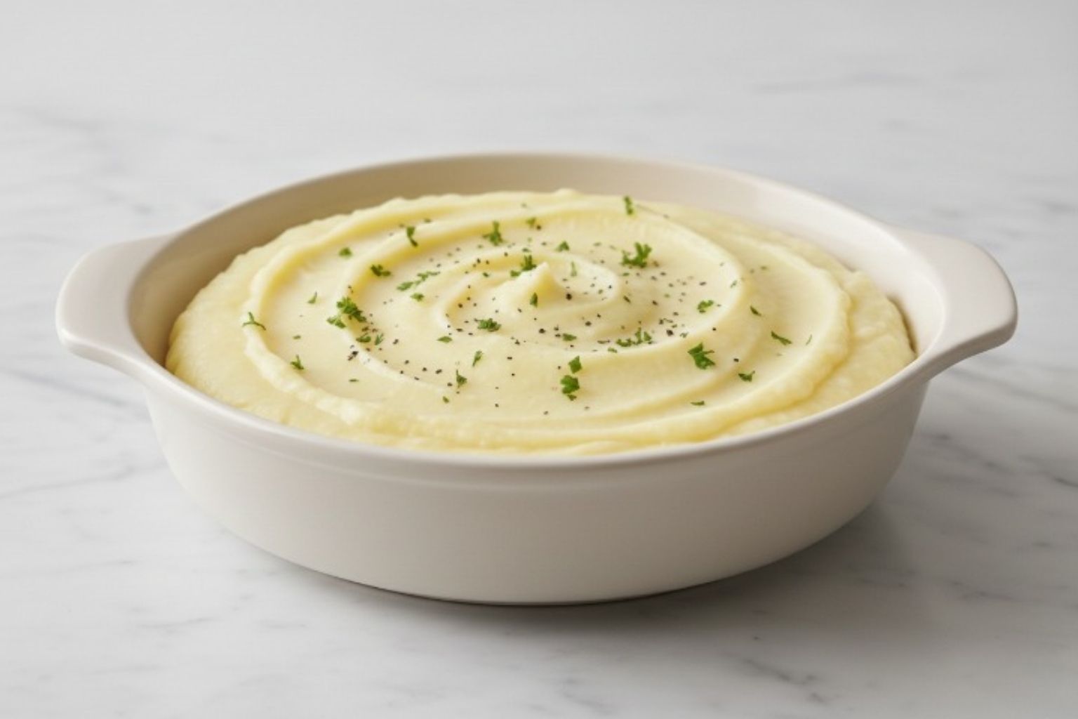 Resultado final del puré de patatas cremoso Fuente de puré de patatas casero recién hecho, con una textura cremosa y un toque de perejil picado y pimienta por encima.