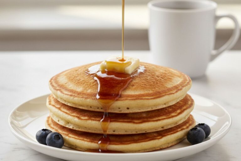 Pila de tortitas americanas esponjosas con mantequilla derritiéndose y sirope de arce.