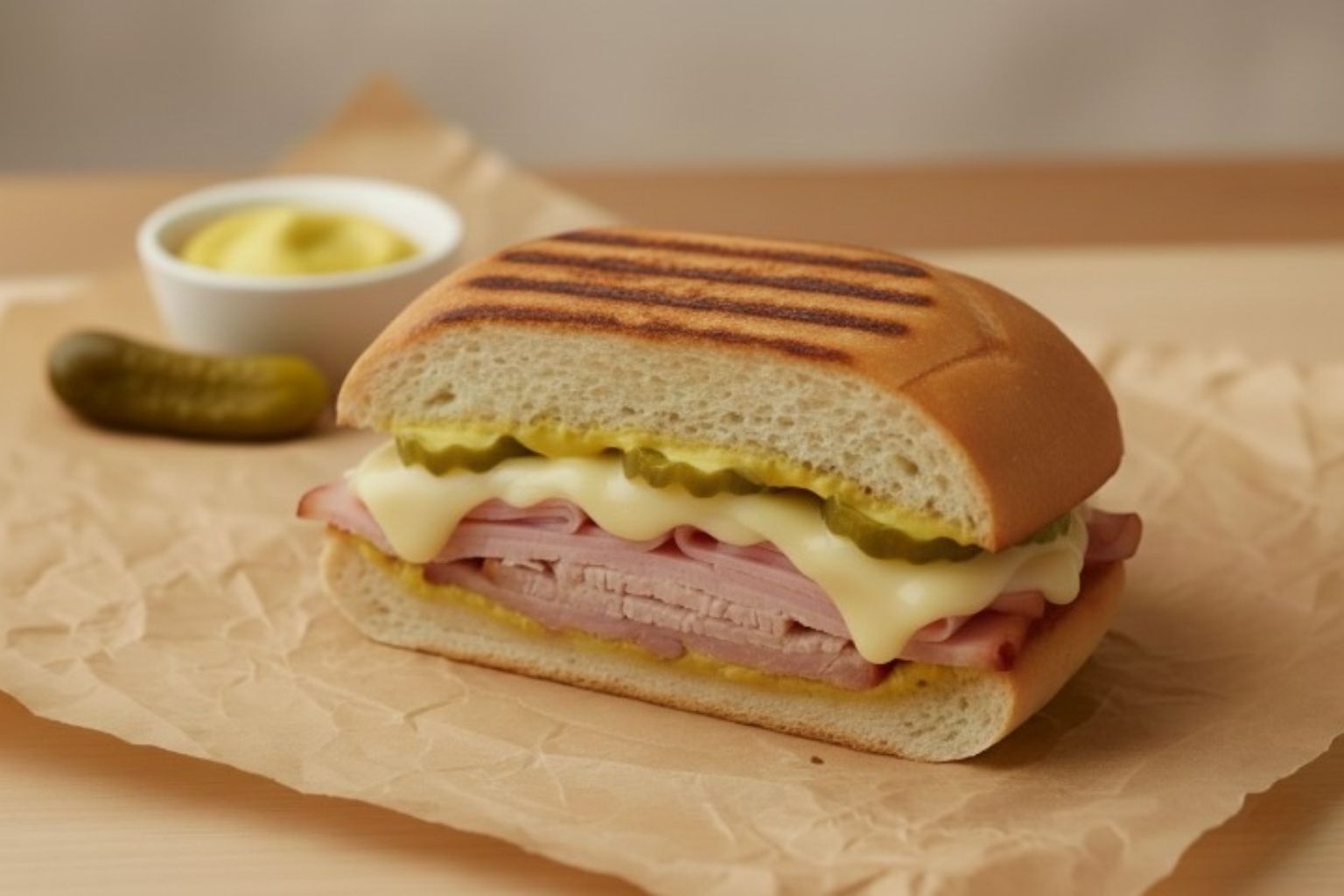 Auténtico sándwich cubano cortado por la mitad, mostrando el cerdo asado, el jamón y el queso fundido sobre papel de estraza.