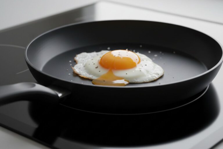 Vista de una de las mejores sartenes sin PFOA con un huevo perfecto