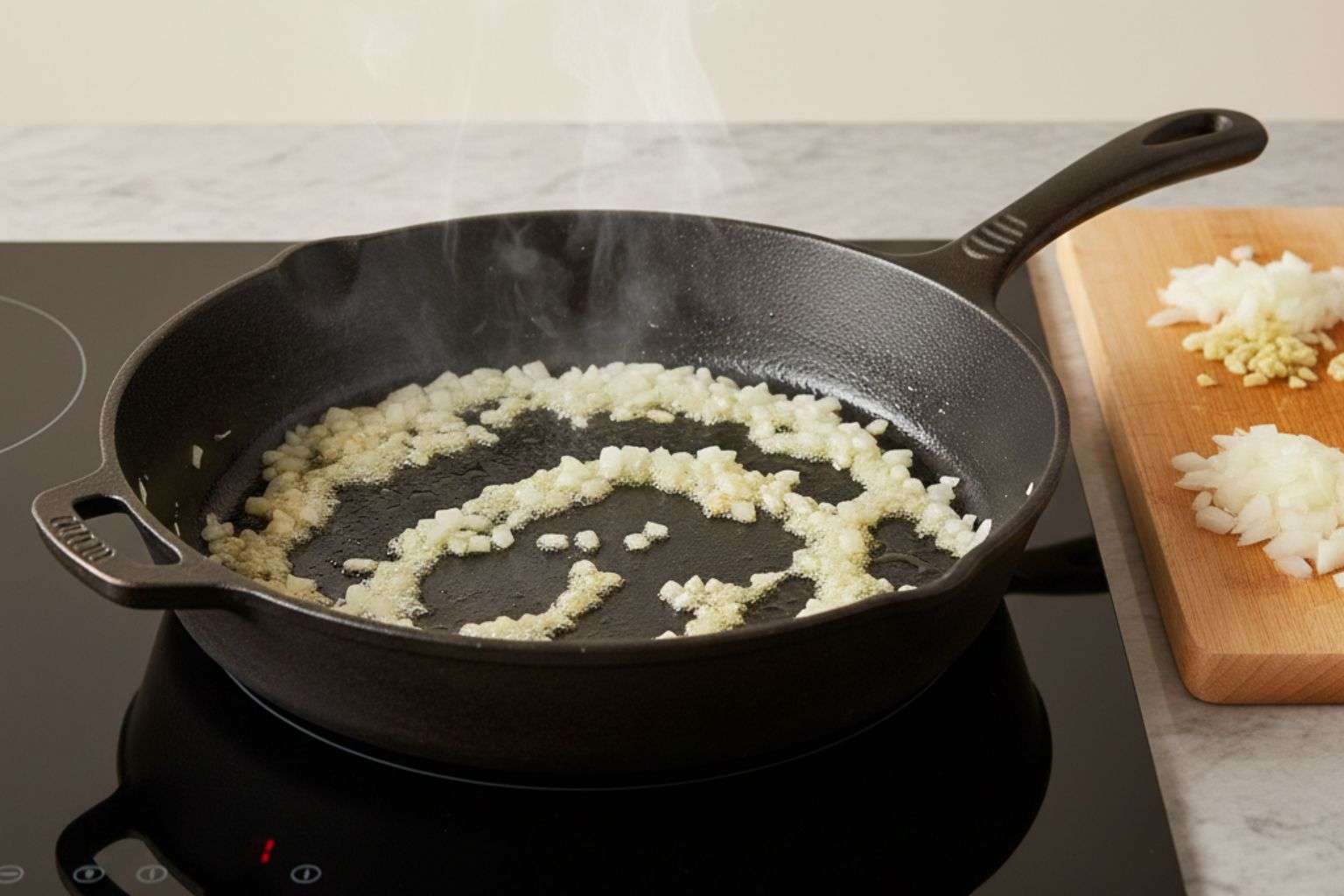 Sofrito base para merluza a la riojana Cebolla y ajo sofriendo en sarten honda para merluza