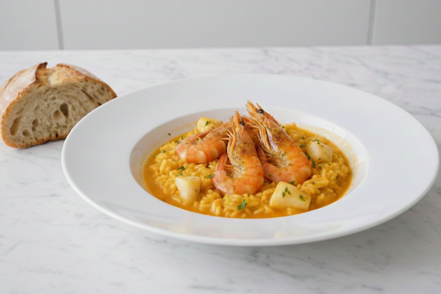 Ración de arroz meloso de marisco con gambones y sepia, servido en plato blanco con perejil fresco y pan rústico al lado.