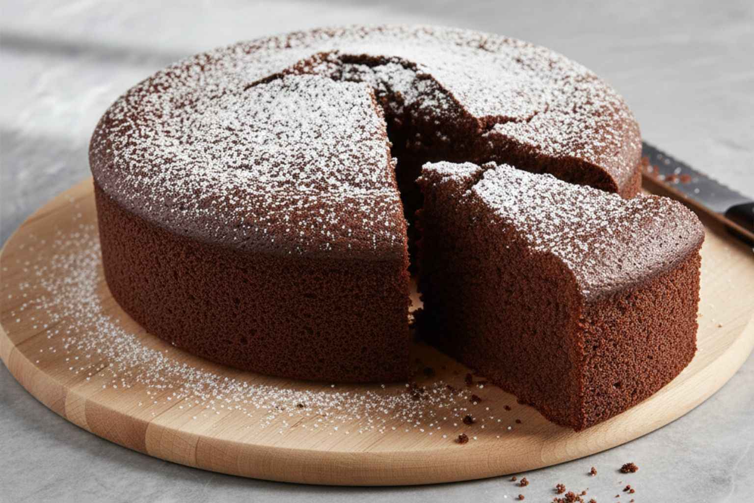 Bizcocho de chocolate redondo con una rebanada cortada mostrando la miga esponjosa, decorado con azúcar glass sobre una tabla de madera.