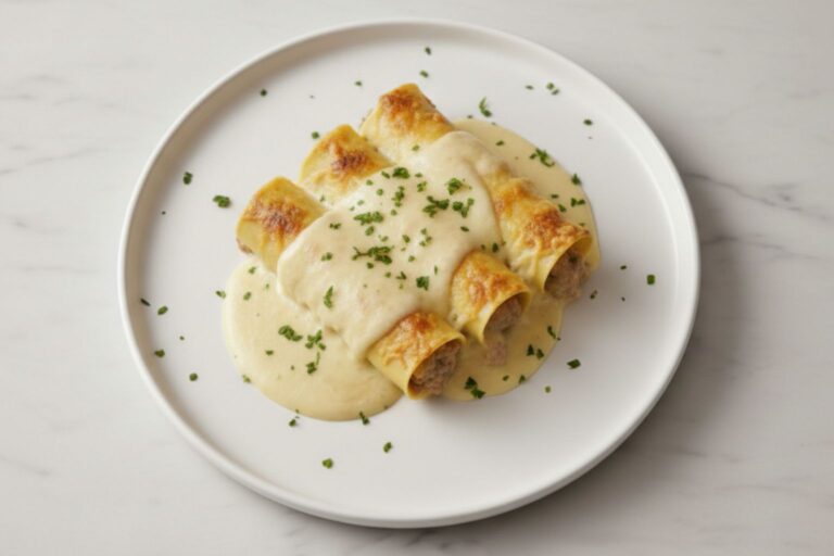 Ración de tres canelones de pollo caseros bañados en salsa bechamel cremosa y queso gratinado sobre un plato blanco.