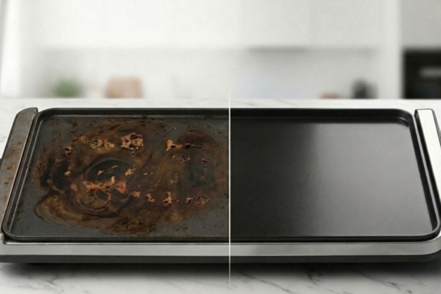 Vista de una plancha de cocina limpia con un antes y un después encima de una encimera de marmol