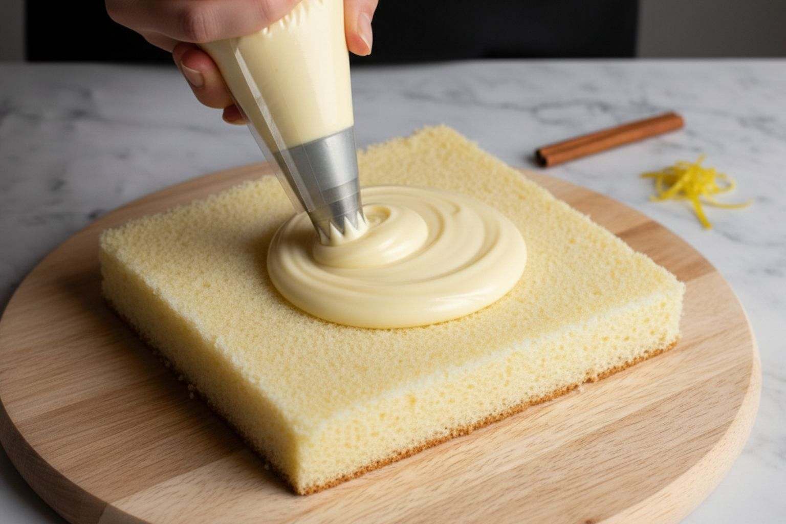 Primer plano de manga pastelera rellenando un bizcocho con crema pastelera casera brillante y espesa