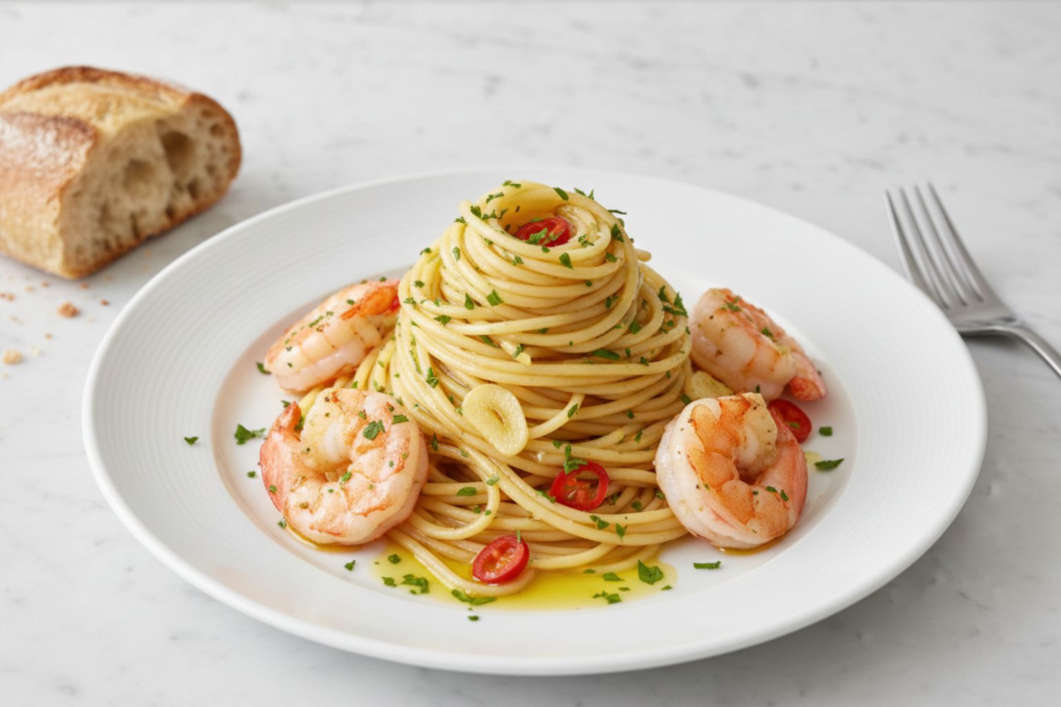 Plato de espaguetis con gambas al ajillo en nido, con láminas de ajo, guindilla roja y perejil fresco sobre encimera de mármol gris.