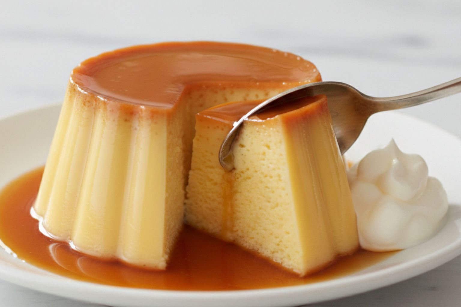 Flan de huevo casero cortado mostrando su interior cremoso y caramelo líquido