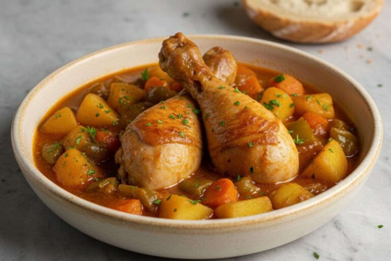Plato hondo de guiso de pollo tradicional con muslos dorados, patatas chascadas, salsa espesa, perejil fresco y pan rústico al fondo sobre mármol.