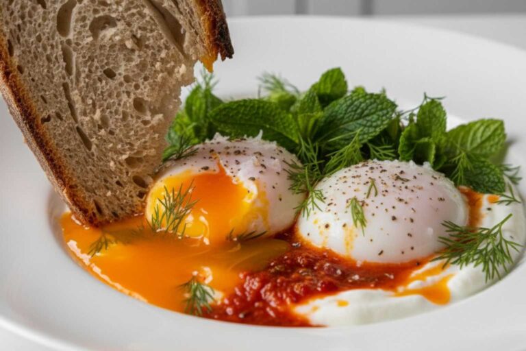 Primer plano de pan de masa madre rompiendo un huevo poché sobre yogur griego con mantequilla roja picante y hierbas.