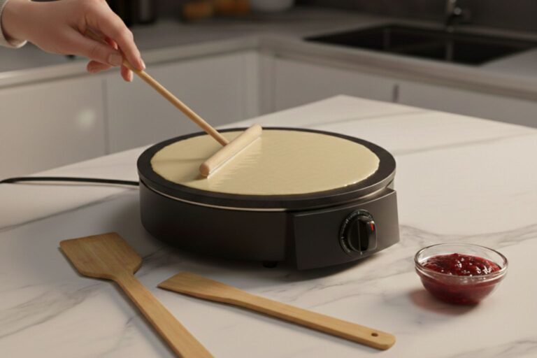 Crepera eléctrica profesional con un crepe cocinándose a la perfección y utensilios de madera en una cocina moderna.