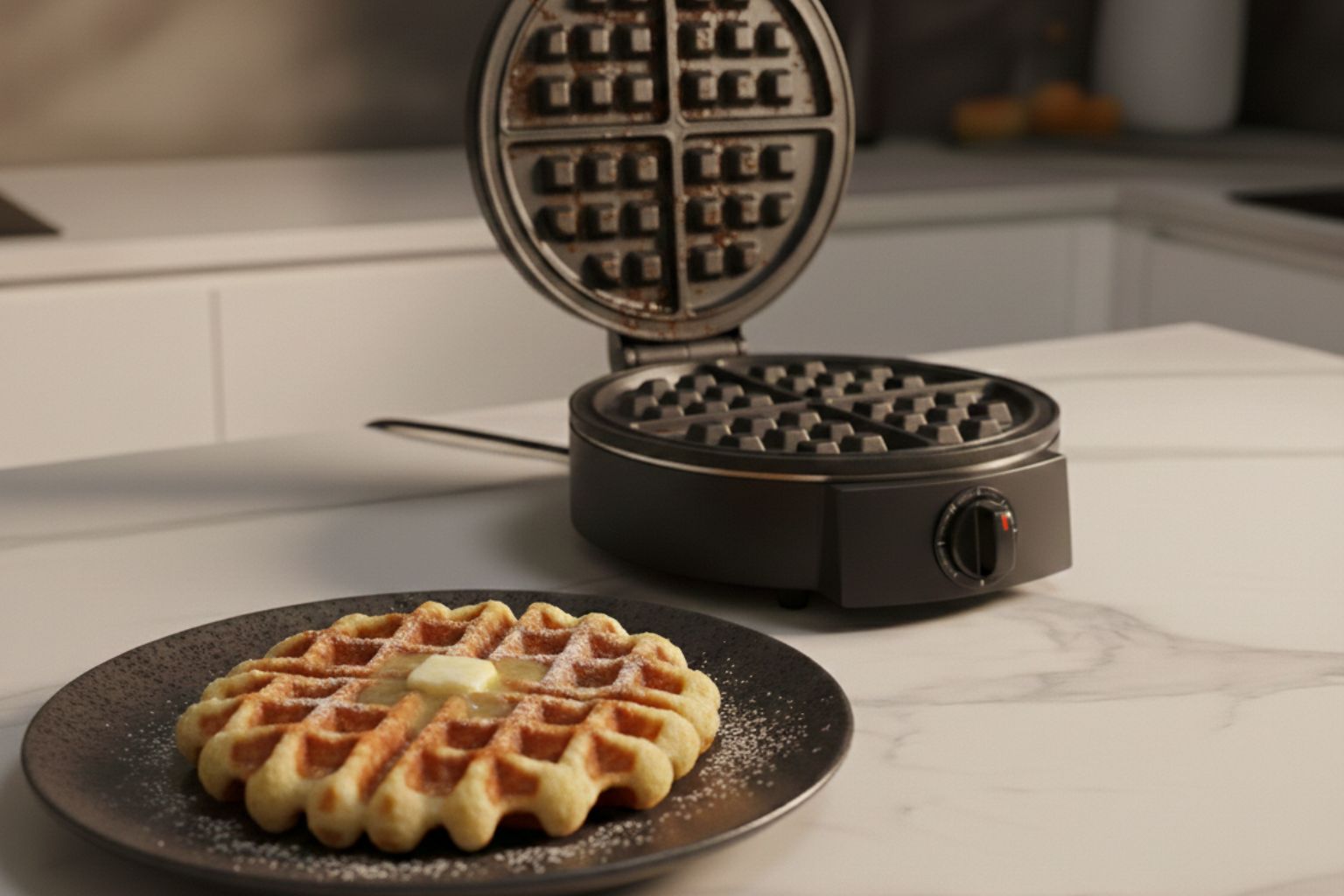 Selección de una de las mejores Gofreras para casa con un gofre crujiente emplatado en una encimera de mármol blanco