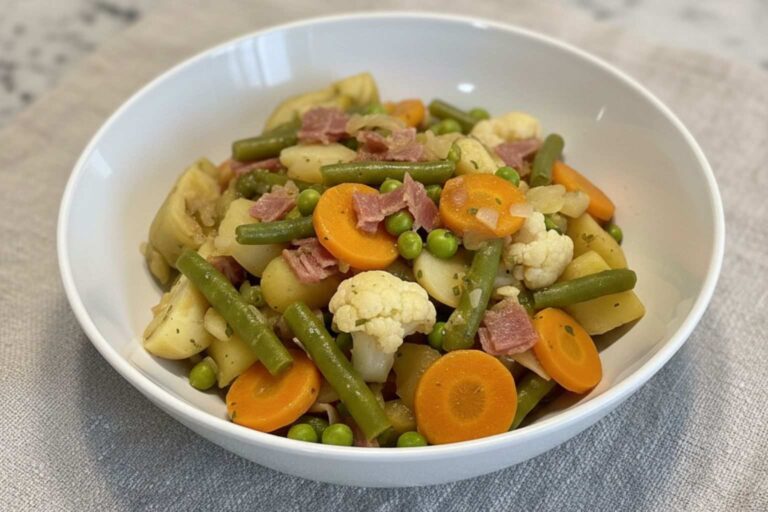 Plato de menestra de verduras tradicional con alcachofas, brócoli, judías verdes troceadas, patatas chascadas y tacos de jamón