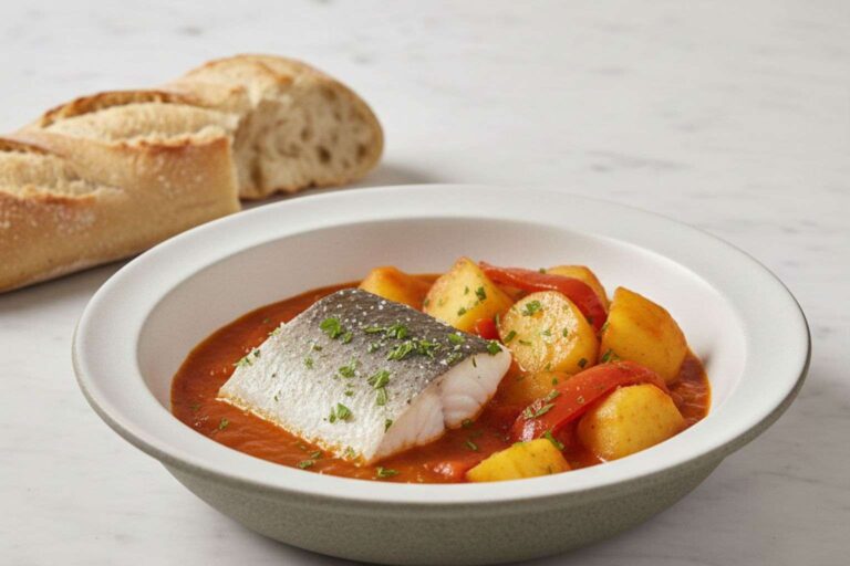 Plato tradicional de merluza a la riojana con lomo de pescado jugoso, patatas y pimientos sobre salsa roja espesa