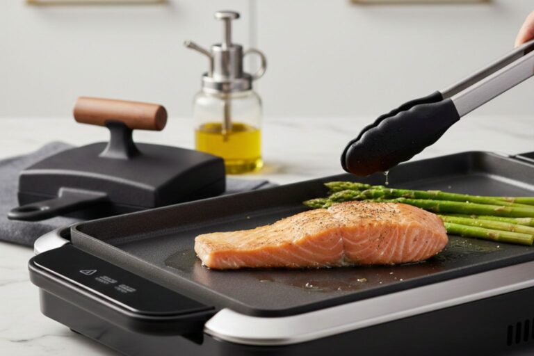 Utensilios de silicona y nylon siendo utilizados en una plancha de asar para no rayar el antiadherente mientras se cocina pescado y verduras.